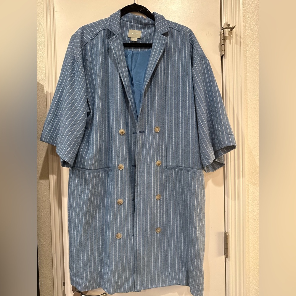 Maeve Blue Pinstriped Double-Breasted Short-Sleeve Trench Coat